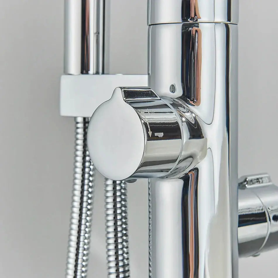 Chrome dual handle floor standing waterfall bathtub faucet with chrome finished mixer and flexible braided hoses by decorbites