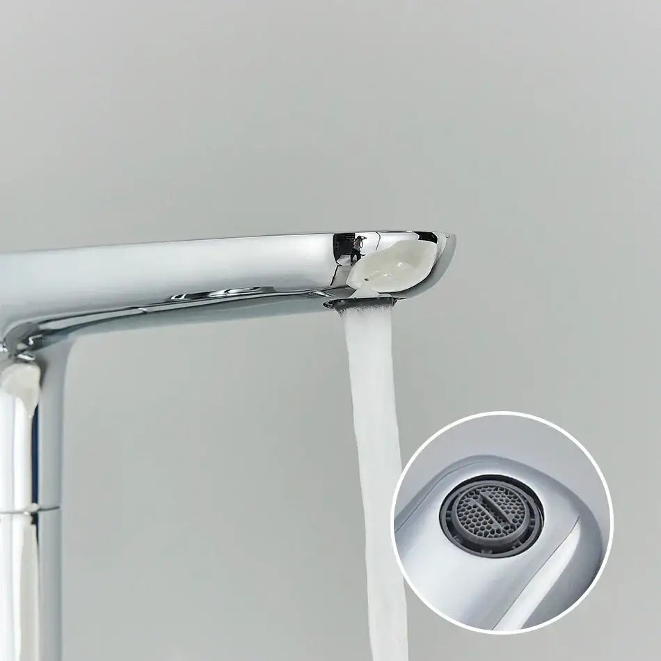 Chrome dual handle floor standing waterfall bathtub faucet with a sleek chrome finish and white ceramic aerator by decorbites