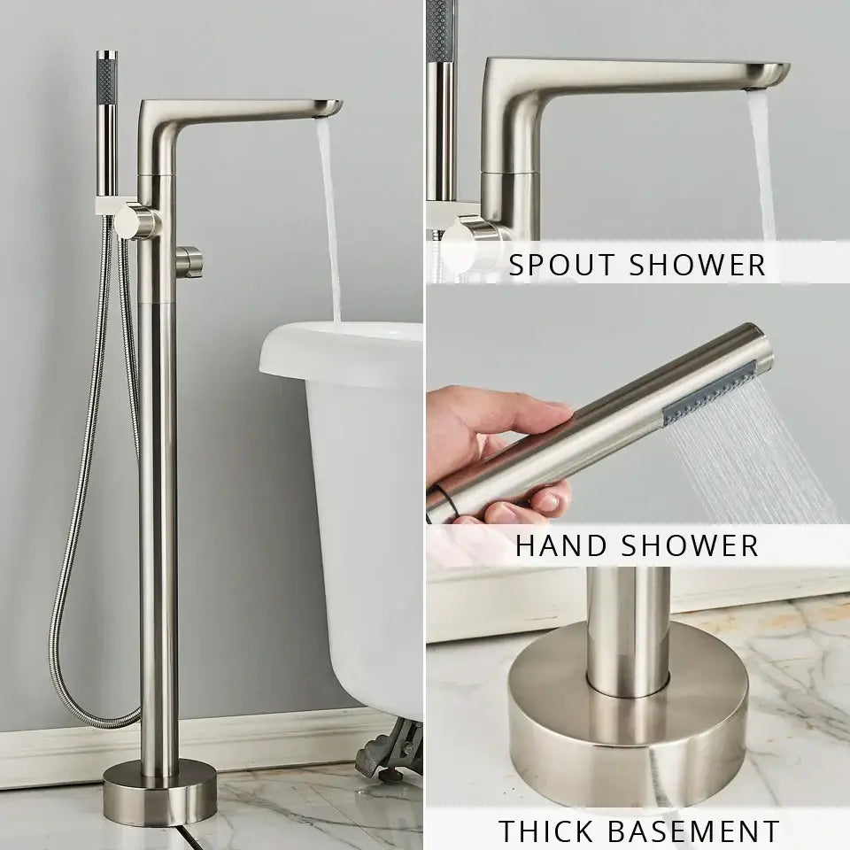 Modern chrome dual handle floor standing waterfall bathtub faucet with brushed stainless steel and integrated handheld showerhead