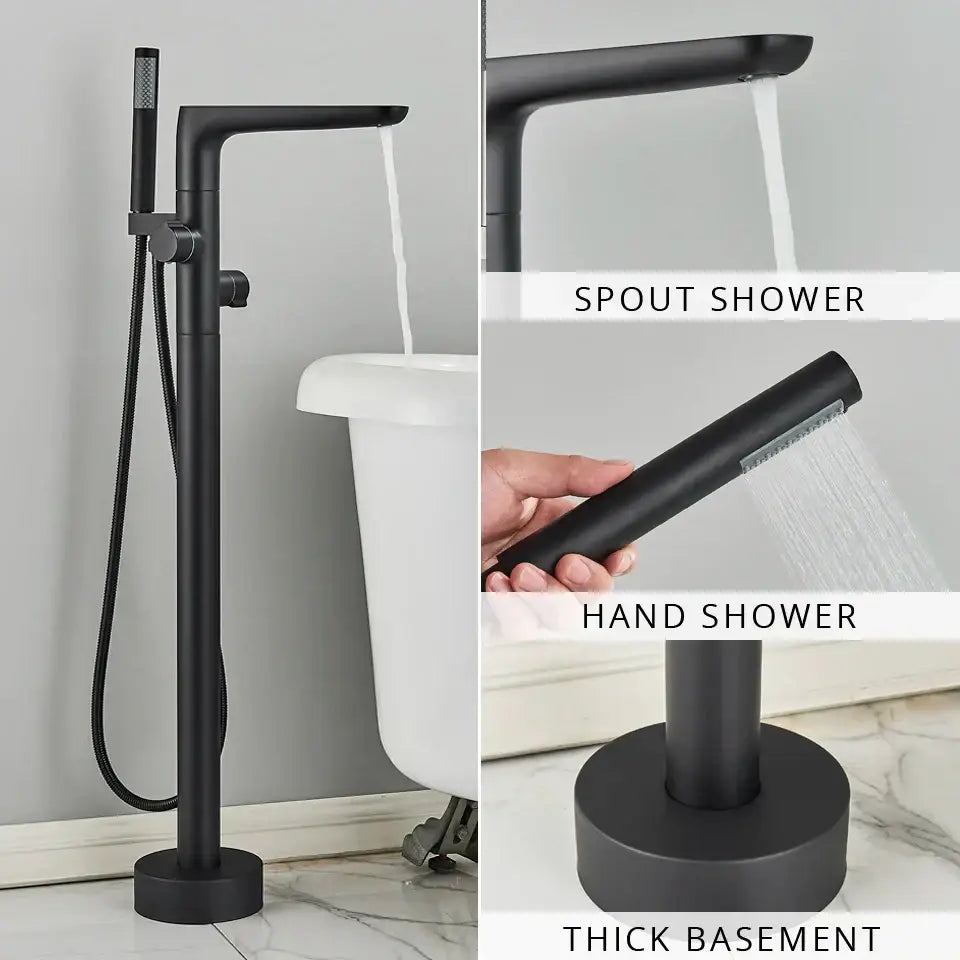 Black matte dual handle floor standing bathtub faucet with matching hand shower and thick basement base decorbites dual handle
