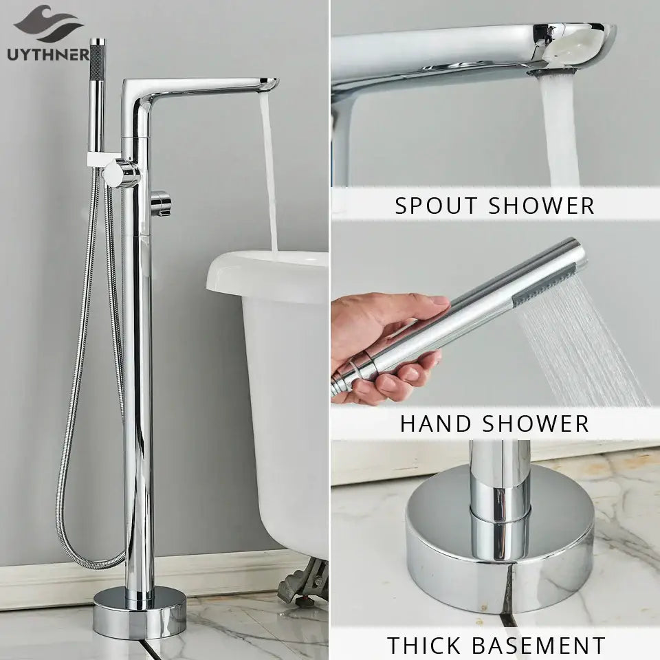 Chrome dual handle floor standing waterfall bathtub faucet with chrome finish thick basement base and integrated hand shower