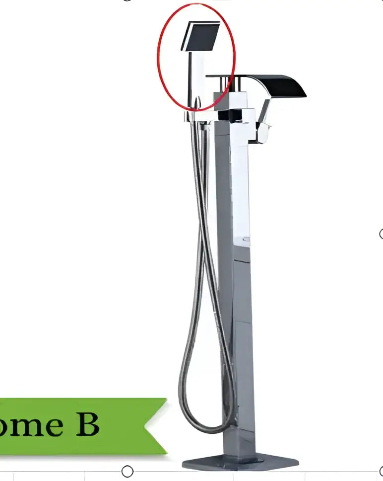 Chrome dual handle floor standing waterfall bathtub faucet set with modern chrome finish and sleek handheld spray head