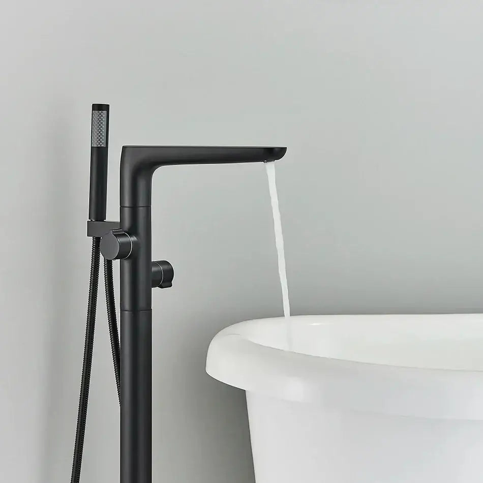 Black matte floor standing dual handle bathtub faucet with sleek design and integrated handheld showerhead decorbites dual handle