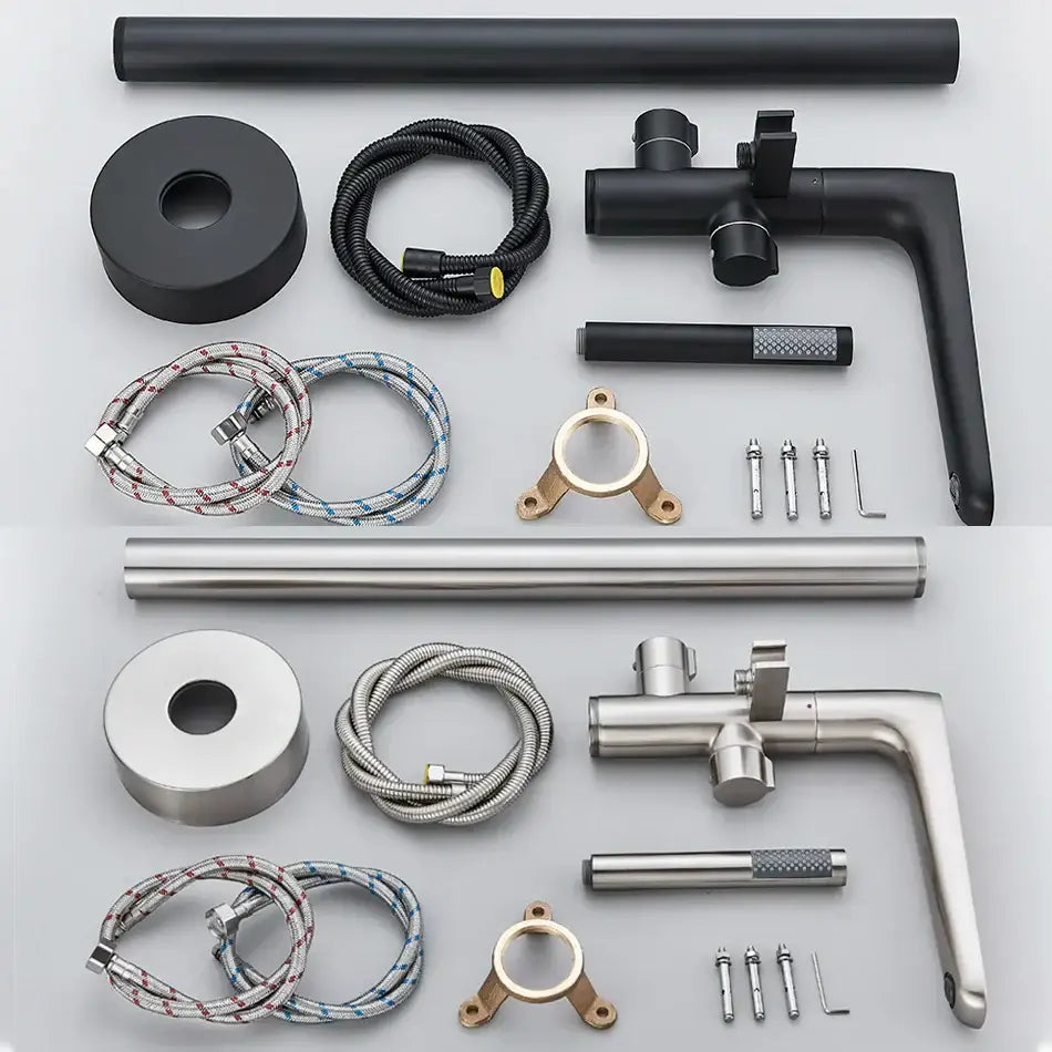 Chrome decorbites dual handle floor standing bathtub faucet set with black and stainless steel textured showerhead and hoses