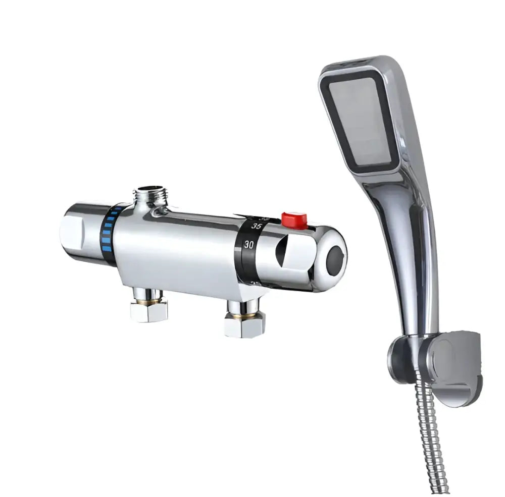 Chrome dual handle thermostatic shower faucet mixer with temperature control dial and matching handheld showerhead