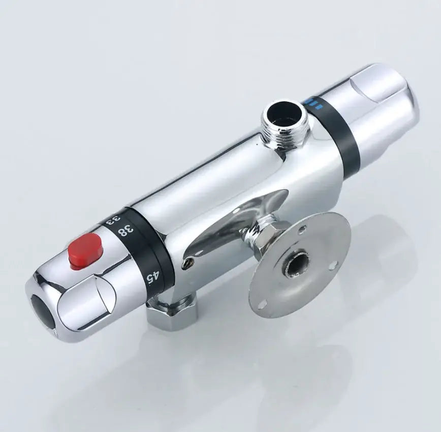 Chrome dual handle thermostatic shower faucet mixer with chrome finish, red reset button, and temperature dial for bathroom use