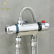 Chrome dual handle thermostatic shower faucet mixer with shiny chrome finish, red reset button, and blue temperature ring