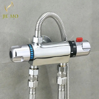 Chrome dual handle thermostatic shower faucet mixer with shiny chrome finish, red reset button, and blue temperature ring