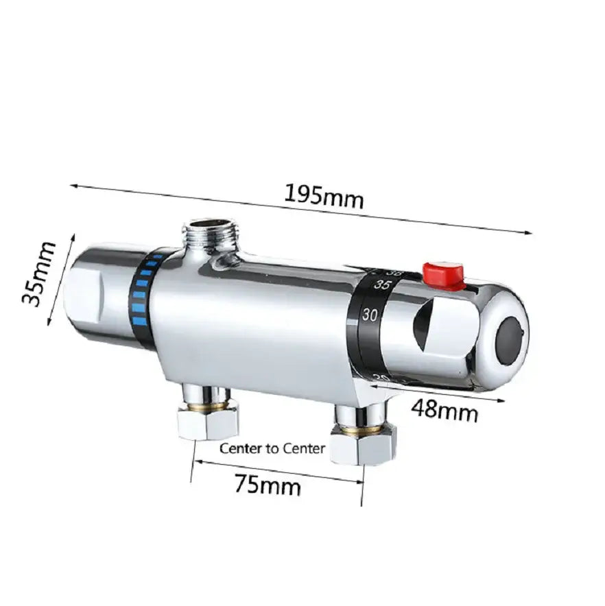 Chrome dual handle thermostatic shower faucet mixer with chrome finish red reset button and blue temperature indicator ring