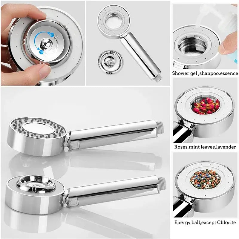 Chrome dual sided shower head with shower gel container features a chrome finish and detachable nozzle for customizable flow
