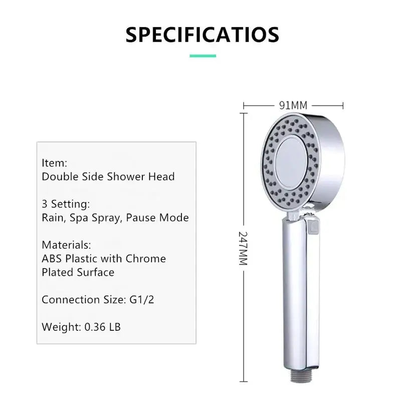 Chrome dual sided shower head with chrome plated abs plastic, circular nozzles, adjustable handle, and shower gel container
