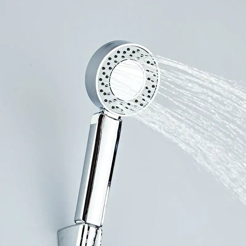 Chrome dual sided shower head with shower gel container featuring a circular spray face and sleek modern design