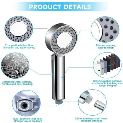 Chrome dual sided shower head with shower gel container featuring shiny chrome finish and 51 superfine nozzles
