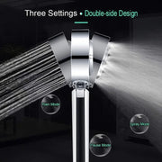 Chrome dual sided shower head with chrome finish and shower gel container featuring three adjustable spray settings