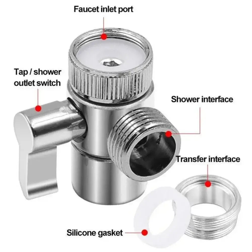 Shiny chrome finished 3-way shower head diverter valve inlet port with textured knob and threaded connections visible from back side