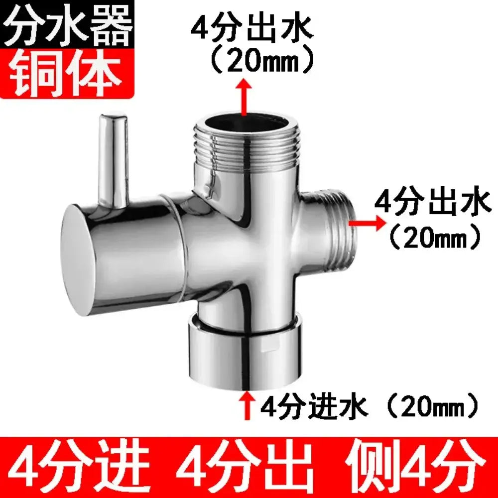 Chrome finished 3-way shower head diverter valve with shiny chrome copper body and threaded connections for plumbing