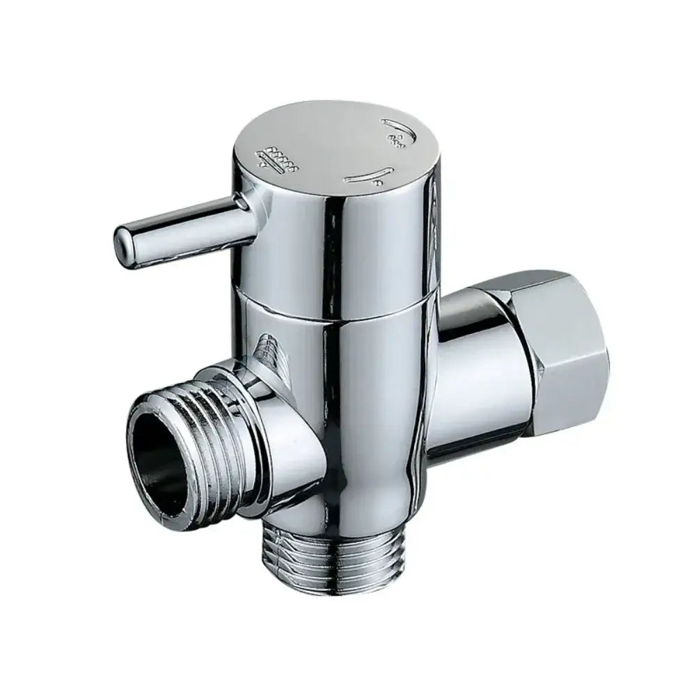 Chrome finished three-way shower head diverter valve with sleek cylindrical body and threaded connections for bathroom use