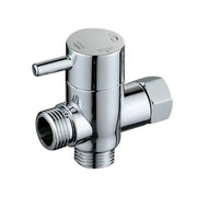 Chrome finished three-way shower head diverter valve with sleek cylindrical body and threaded connections for bathroom use