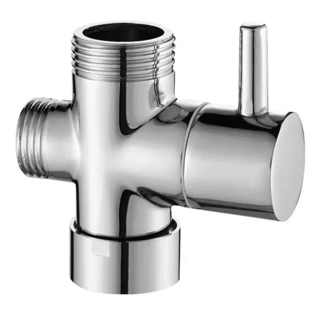 Chrome finished 3-way shower head diverter valve with threaded connections and sleek modern design for bathroom use