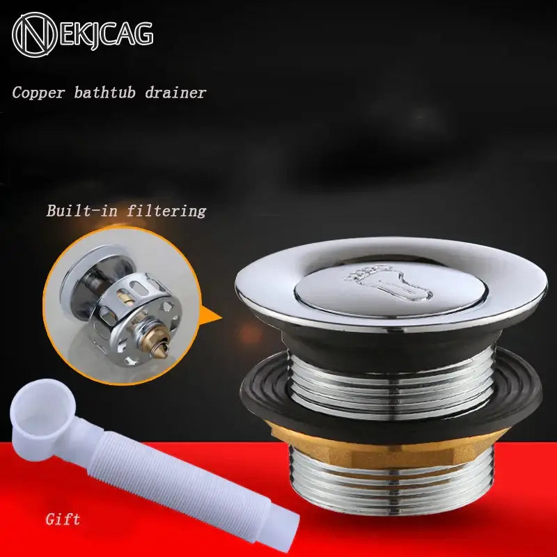 Chrome finished copper tub drain pipe with foot push button and built-in filter for decorbites copper tub bathrooms