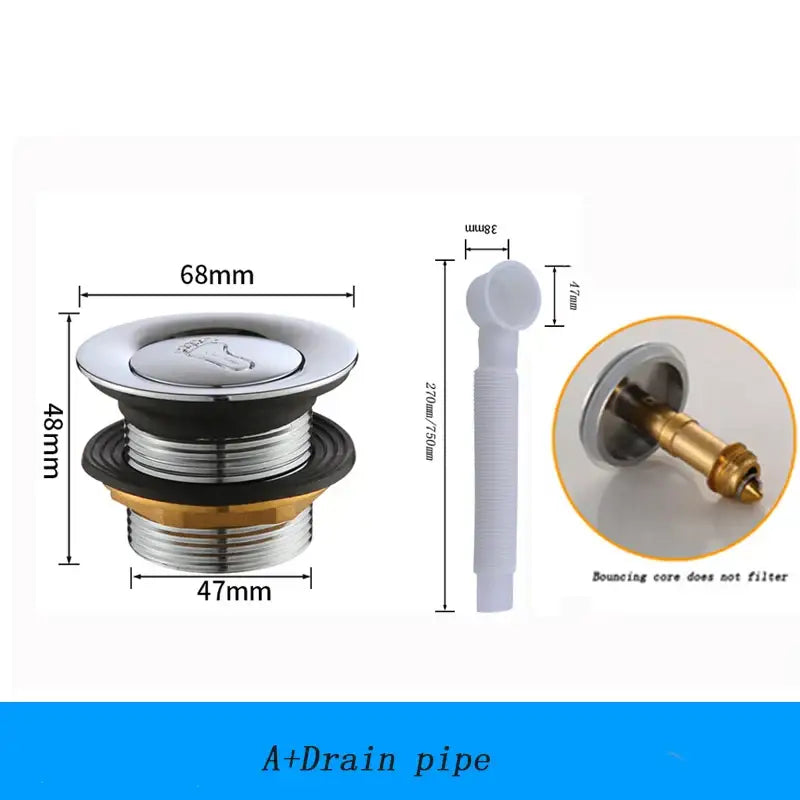 Chrome finished copper tub drain pipe with foot-shaped push button lid and brass threaded base for decorbites copper tub