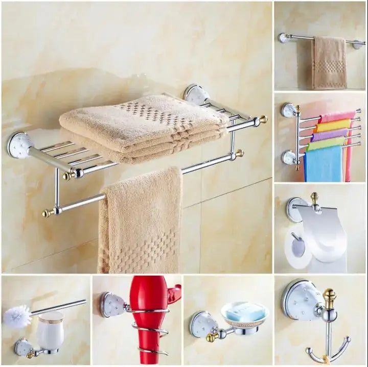 Chrome finished double-tier towel rack with woven beige towel in decorbites bathroom hardware set for organized storage