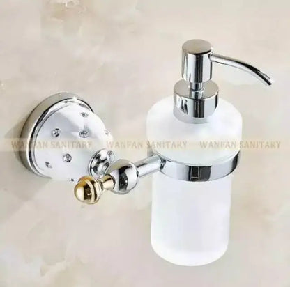 Chrome finished wall-mounted soap dispenser with frosted white glass and crystal accents from decorbites bathroom hardware set