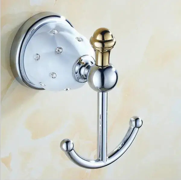 Chrome and gold ceramic double hook towel rack with crystal accents from decorbites bathroom hardware set