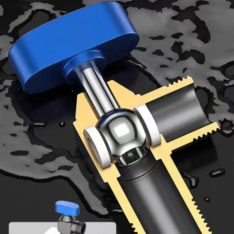 Blue-handled pipe wrench gripping black pipe near chrome gray brass angle valve for bathroom water control tap decorbites brass angle valve