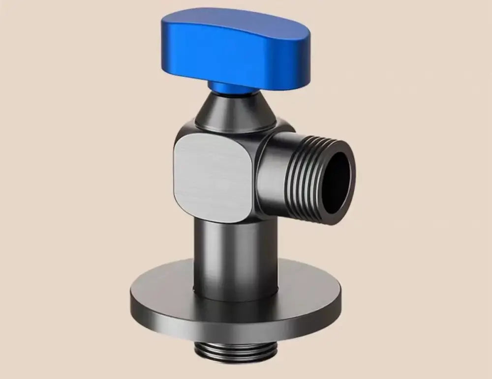 Chrome gray brass angle valve with blue-handled matte black metal body and threaded connections for bathroom water control