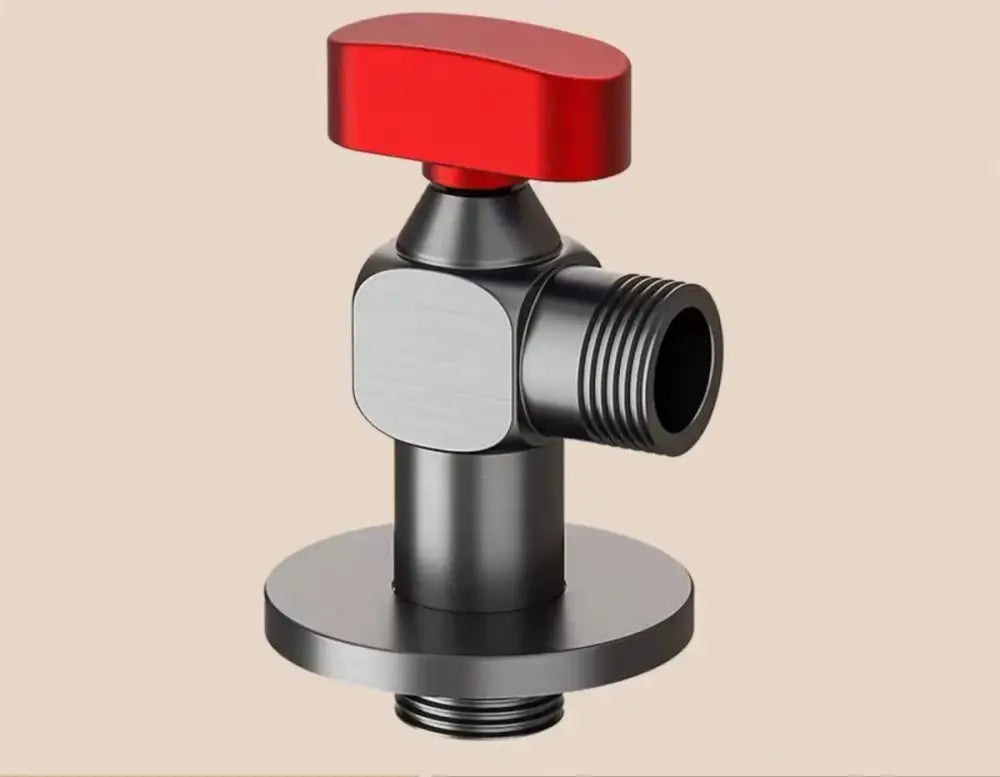 Chrome gray brass angle valve with red handles matte black and brushed stainless steel threaded connections