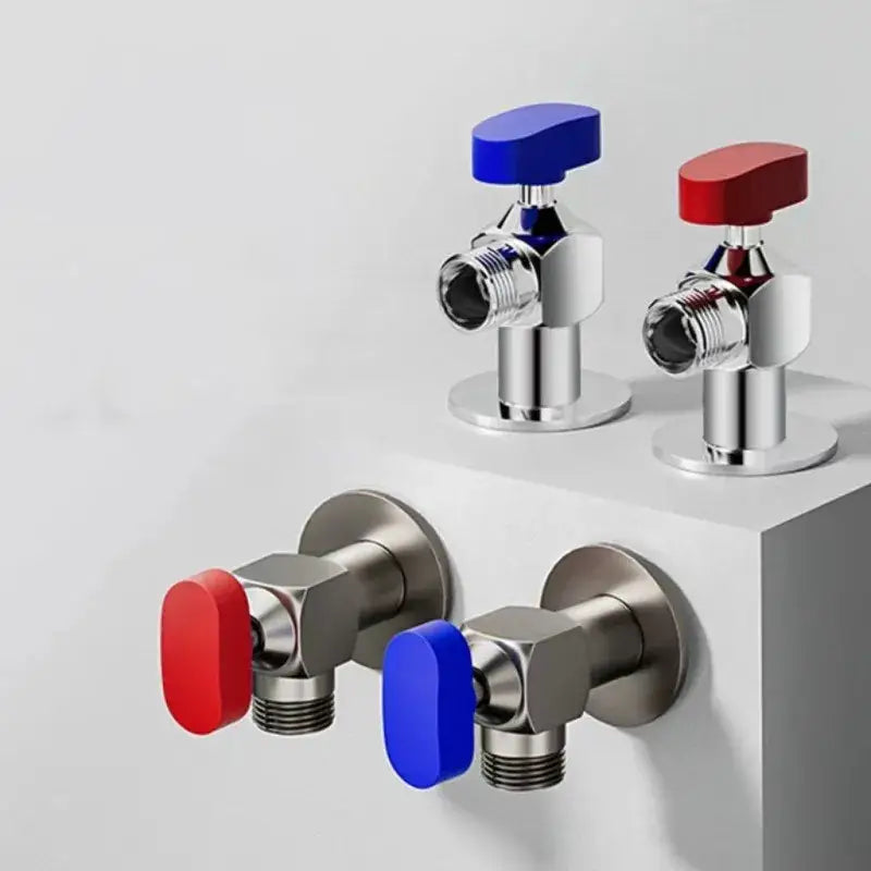 Set of four chrome gray brass angle valve taps with blue and red handles for bathroom water control decorbites brass angle valve