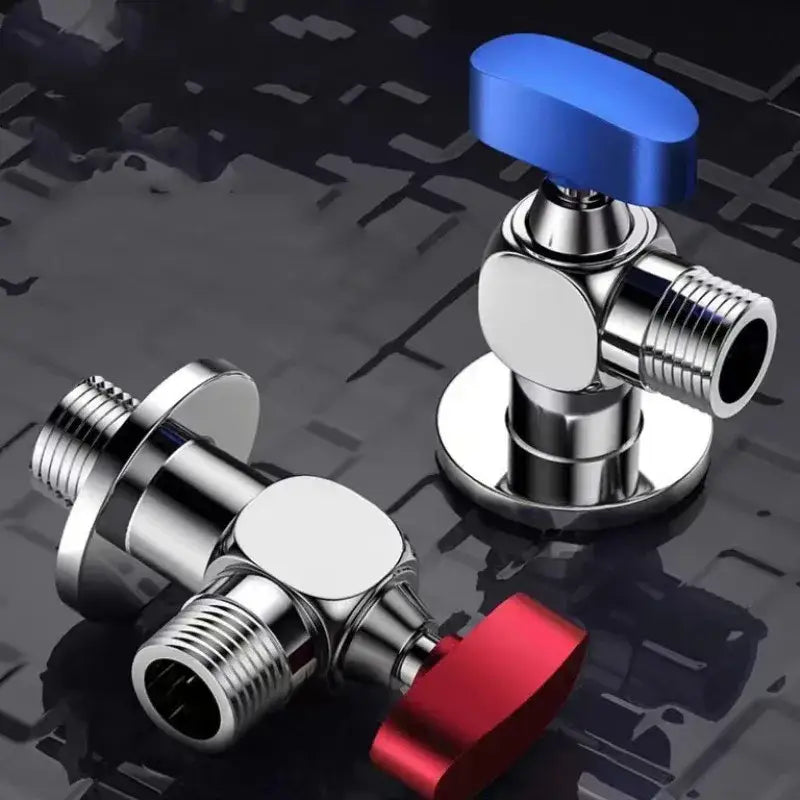 Shiny chrome gray brass angle valve bathroom water control tap with blue and red handles mounted on the wall