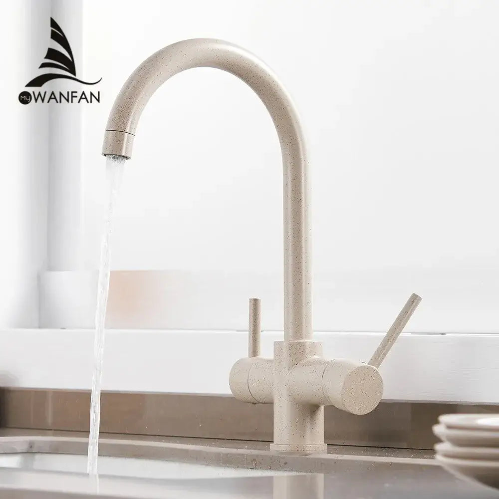 Beige speckled ceramic kitchen sink faucet with curved spout and dual handles for decorbites drinking water filter use