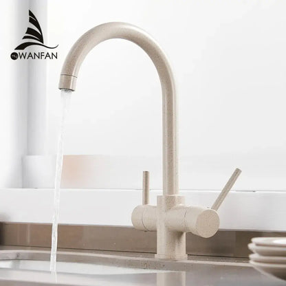 Beige speckled ceramic kitchen sink faucet with curved spout and dual handles for decorbites drinking water filter use