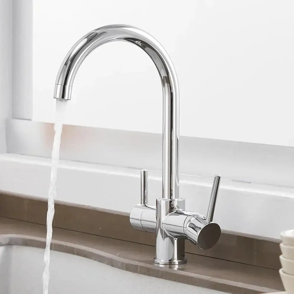 Chrome high arc dual handle kitchen sink faucet with drinking water filter by decorbites in polished chrome finish