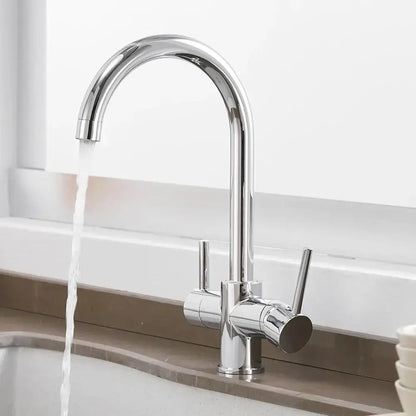 Chrome high arc dual handle kitchen sink faucet with drinking water filter by decorbites in polished chrome finish