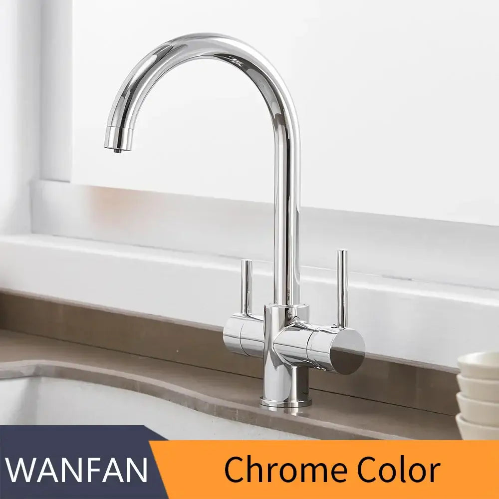 Chrome high arc dual handle wanfan kitchen sink faucet with drinking water filter for decorbites drinking water use