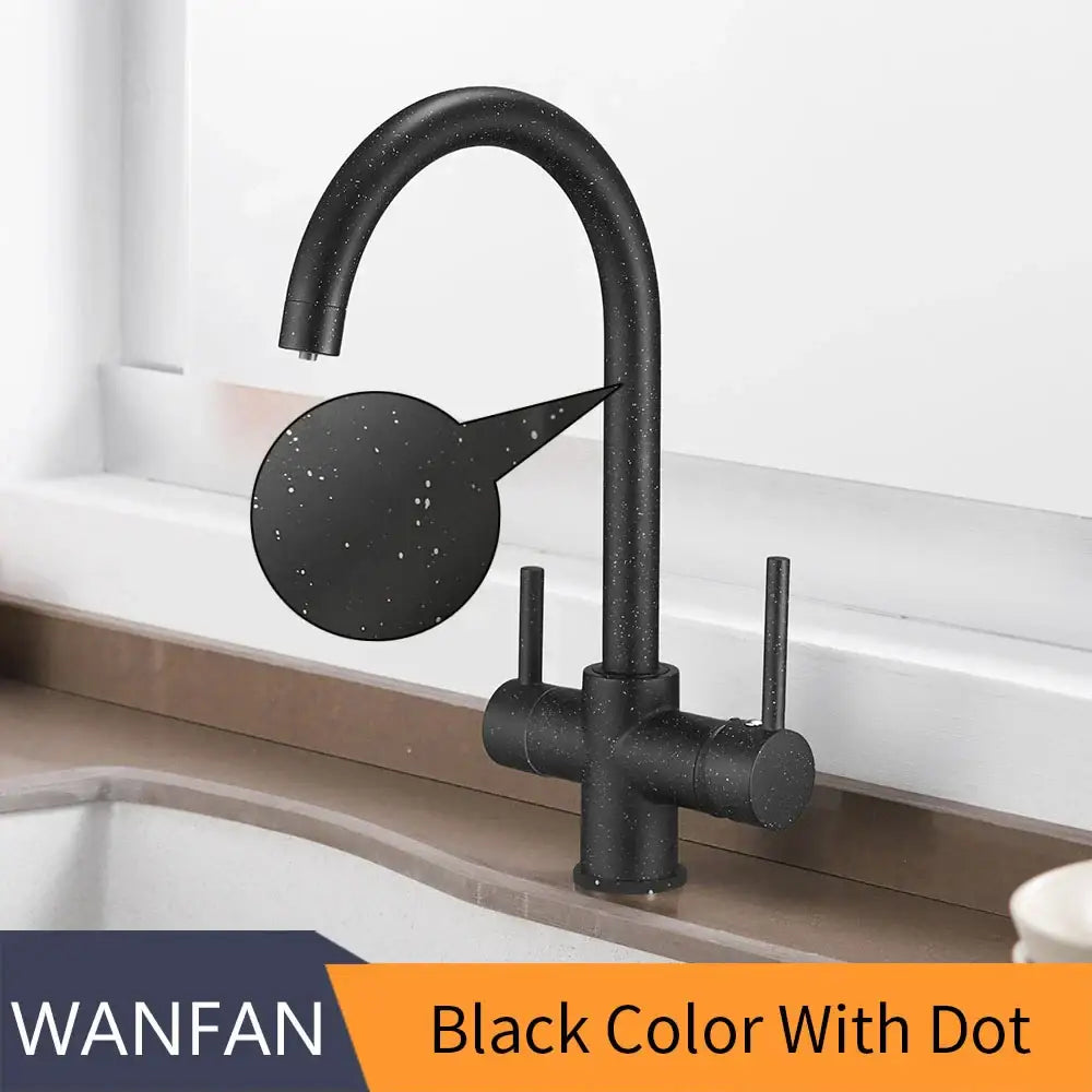 Black speckled kitchen sink faucet with modern curved spout and dual handles for decorbites drinking water filter use