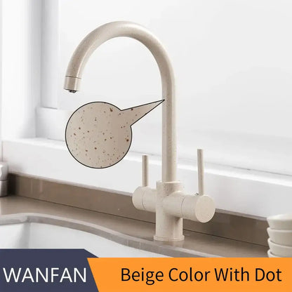 Beige speckled chrome kitchen sink faucet with modern curved spout and dual handles for decorbites drinking water filter
