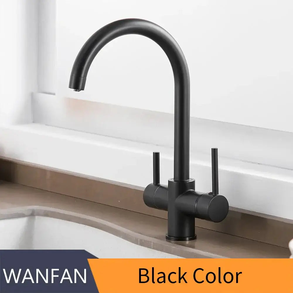 Black matte kitchen sink faucet with dual handles and curved spout for decorbites drinking water filter use