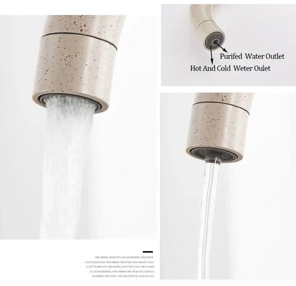 Beige speckled chrome high arc dual handle kitchen sink faucet with dual hot and cold outlets for decorbites drinking water filter