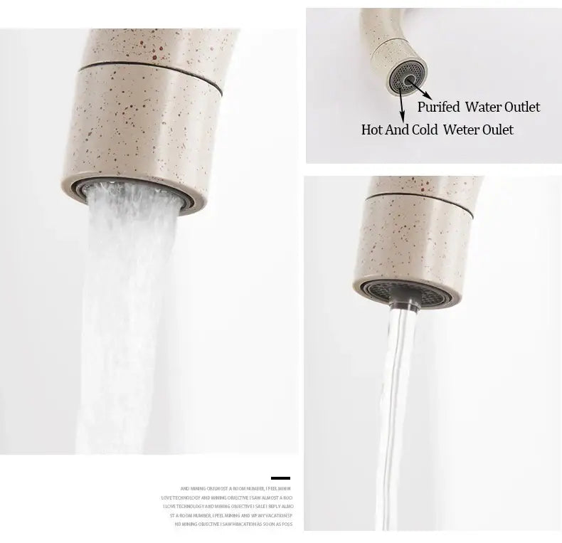 Beige speckled chrome high arc dual handle kitchen sink faucet with dual hot and cold outlets for decorbites drinking water filter