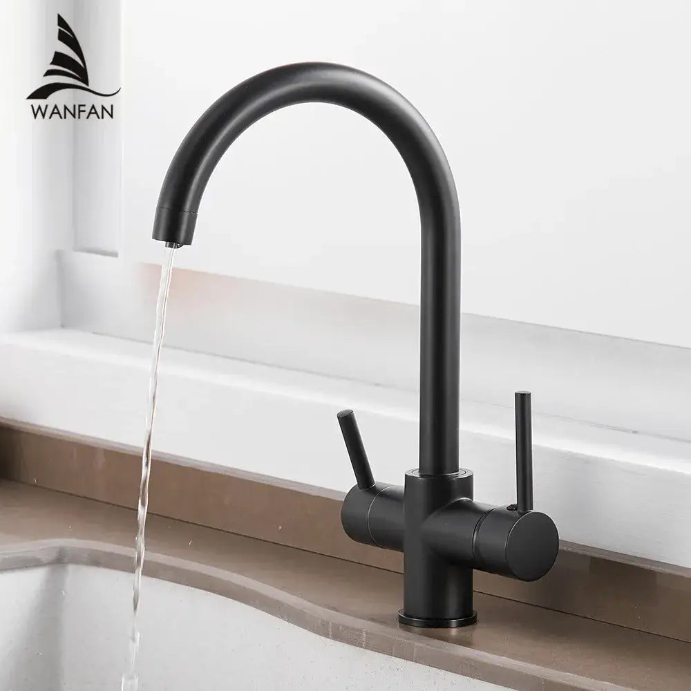 Black matte finish kitchen sink faucet with sleek curved spout and dual handles for decorbites drinking water filter use