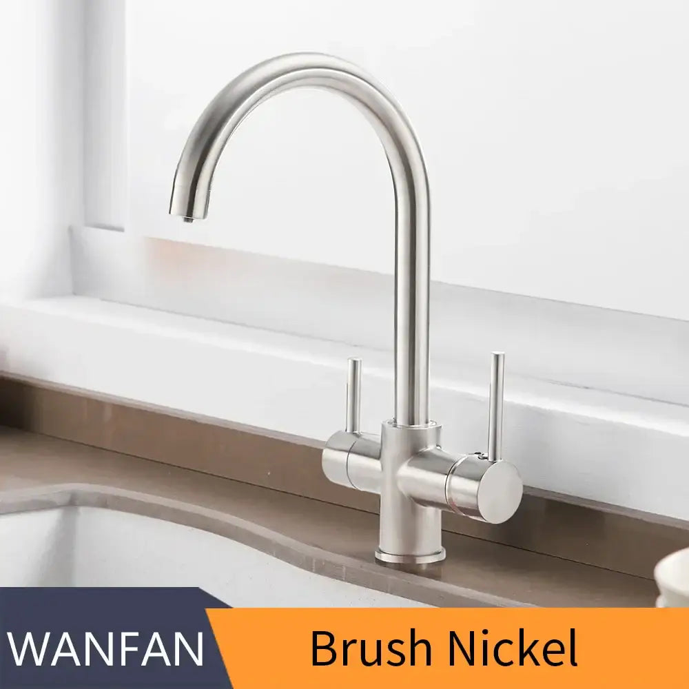 Brush nickel kitchen sink faucet with sleek arched spout and dual handles for decorbites drinking water filter use
