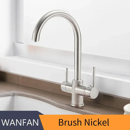 Brush nickel kitchen sink faucet with sleek arched spout and dual handles for decorbites drinking water filter use