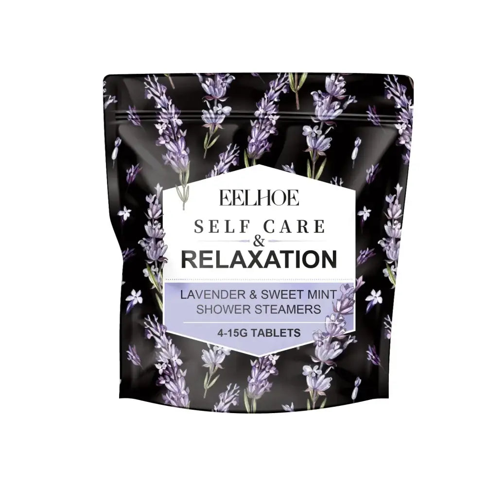 Black pouch with lavender and sweet mint shower steamers beside a chrome high pressure water saving shower head with filter
