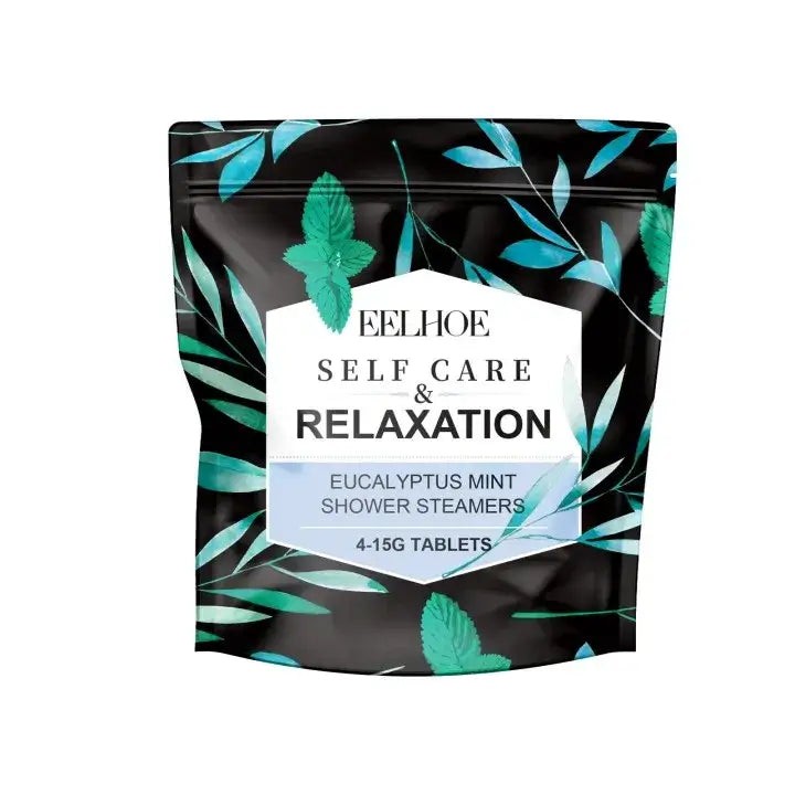 Black pouch with teal leaf pattern containing eelhoe eucalyptus mint shower steamers for high pressure water saving shower head