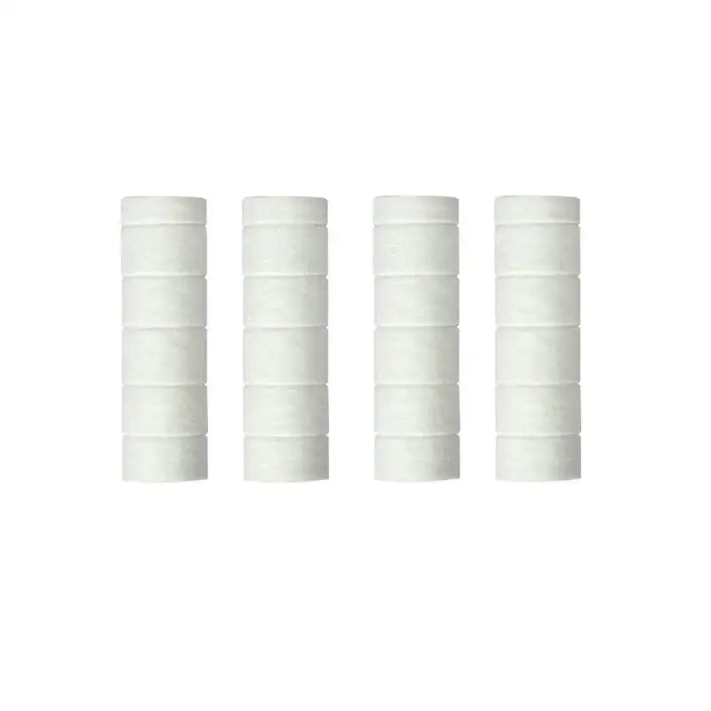 Four white pleated cylindrical filter cartridges for chrome high pressure water saving shower head bathroom use