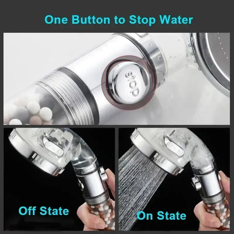 Chrome high pressure water saving shower head with silver and clear plastic body and visible white beige filter beads